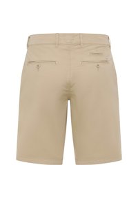 Pantaloni corti beige realizzati in tessuto leggero, con un design classico, due tasche posteriori con bottoni e orli puliti e cuciti.