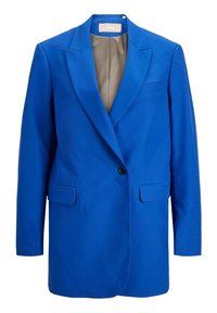 Figurpassad blå blazer i slätt tyg, med en enda knappstängning, notch-kragar, två framfickor och grått innerfoder.