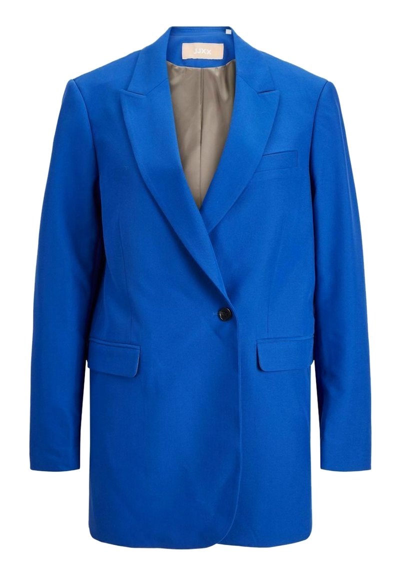 Figurpassad blå blazer i slätt tyg, med en enda knappstängning, notch-kragar, två framfickor och grått innerfoder.