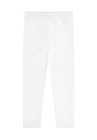 Leggings blancos hechos de una tela elástica, con una cinturilla elástica y un ajuste ceñido. Textura suave sin patrones o acentos visibles.