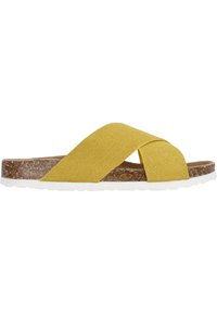 Sandali incrociati glitterati gialli con tomaia in sughero e suola in gomma bianca. Presentano una texture liscia e bordi arrotondati.