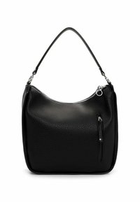 Zwarte handtas van leer met een textuur, een enkele bovenhandgreep, een zilveren ritssluiting en een klein verticaal ritsvak aan de voorkant.