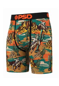 Boxers pour hommes avec une ceinture noire. Scène de désert multicolore mettant en scène des cactus, des cow-boys, des chevaux et des serpents dans un style d'illustration vintage.