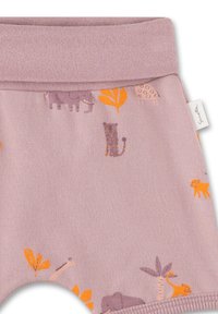 Helllila Baumwoll-Leggings für Babys mit einem bunten Tierdruck, der Elefanten und Leoparden umfasst, sowie einem gerippten Bund und Saum.