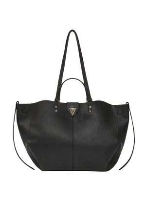 Borsa tote in pelle nera con lunghe spalline, manici corti e chiusura con logo in metallo triangolare al centro frontale.