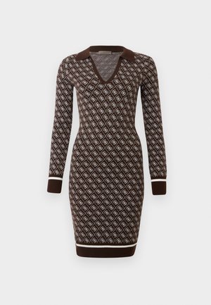 Brown fitted knit dress with white diamond pattern, long sleeves, V-neck, collar, and white trim on cuffs and hem.