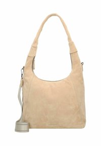 Sac à main en suede beige doux avec une forme hobo incurvée, doté d'une fermeture éclair et d'une bandoulière réglable. Texture lisse et design minimaliste.