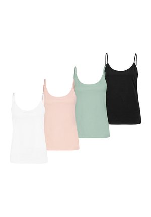 Vier Tanktops in Weiß, Hellrosa, Mintgrün und Schwarz; aus glattem Stoff mit verstellbaren Trägern und taillierter Passform.