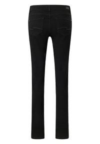 Jeans de mezclilla negra con corte recto, que cuentan con dos bolsillos traseros con costuras decorativas y un sutil parche de logo en la cintura.