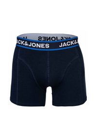 Boxers bleu marine foncé avec une texture lisse, dotés d'une ceinture élastique blanche et bleue portant le logo "JACK & JONES". Conçu avec une poche à l'avant.