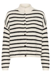 Mustavalkoraidallinen neuletakki, valmistettu pehmeästä ja teksturoidusta materiaalista. Siinä on korkea kaulus ja viisi mustaa nappisuljetusta. Lyhyt malli.