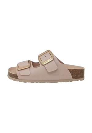 Sandalino rosa chiaro con due cinturini regolabili e fibbie quadrate in oro. Suola in sughero, plantare testurizzato e design della suola piatta.