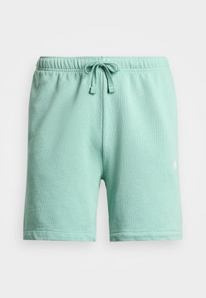 Calções desportivos de algodão verde menta com um cós elástico, cordão e um pequeno logótipo bordado no lado esquerdo da frente.