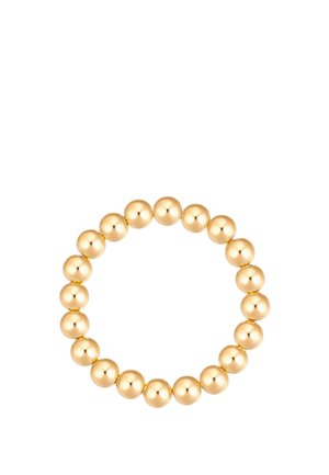 Elastisches Armband aus runden, glänzenden, goldfarbenen Perlen, die in einem Kreis auf weißem Hintergrund angeordnet sind.