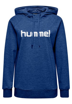 Dunkelblaues Hoodie mit Kängurutasche, Kapuze mit Kordelzug und weißem "hummel" Logo auf der Brust. Glatte Stoffqualität mit gerippten Bündchen.