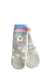 Calzini in pile grigi con faccia d'orso, cappello a righe blu e rosa, pon-pon rosa e suola antiscivolo a pois per una buona aderenza.