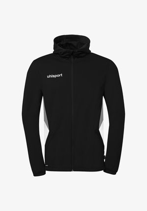 Sort sportjakke med lynlås og hætte, hvidt "uhlsport" logo på brystet samt hvide og grå sidepaneler.