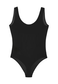 Costume da bagno intero nero con scollatura a forma di semicircolo, spalline larghe e pannelli laterali trasparenti; tessuto liscio e design aderente.