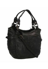 Borsa a mano in pelle nera con doppie maniglie, tracolla regolabile, tasche laterali e tasca frontale con zip e patch del logo cucito.