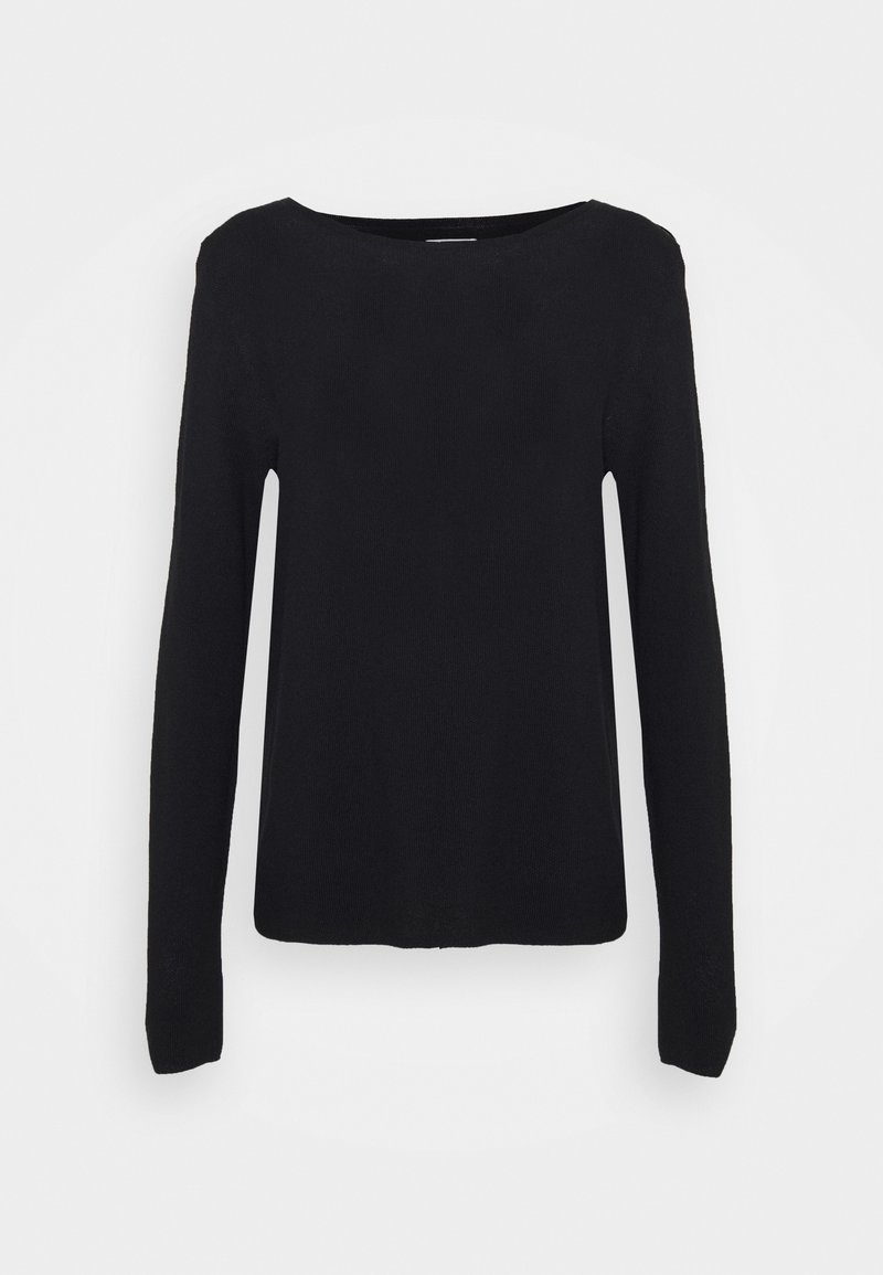 Pull noir à manches longues avec un col rond et un design simple et ajusté sur un fond blanc uni.