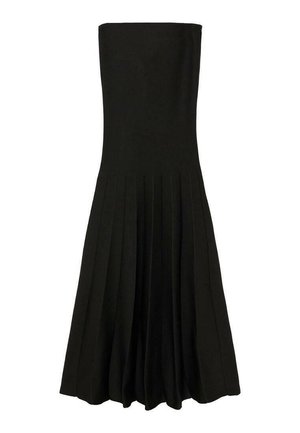 Abito nero senza spalline con un corpetto aderente e gonna plissè. Realizzato in tessuto liscio, presenta una silhouette fluida e senza ulteriori decorazioni.