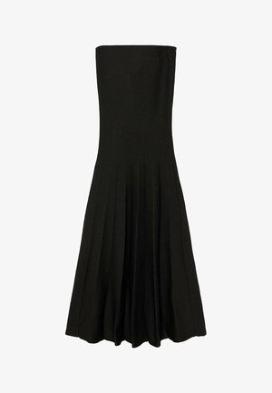 Abito nero senza spalline con un corpetto aderente e gonna plissè. Realizzato in tessuto liscio, presenta una silhouette fluida e senza ulteriori decorazioni.