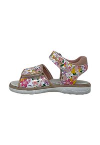 Sandali con motivo floreale caratterizzati da accenti rosa e bianchi, cinghie regolabili e una suola in gomma testurizzata per una migliore aderenza.