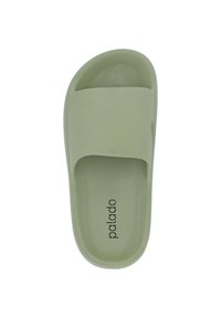 Green rubber slide sandal with a textured surface, open toe, and wide strap. Logo printed on the insole. Smooth, minimalist design.