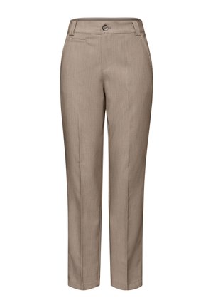 Beige skräddarsydda byxor med rak ben-design, slät textur och en enkel knappstängning framtill. Har sidofickor.