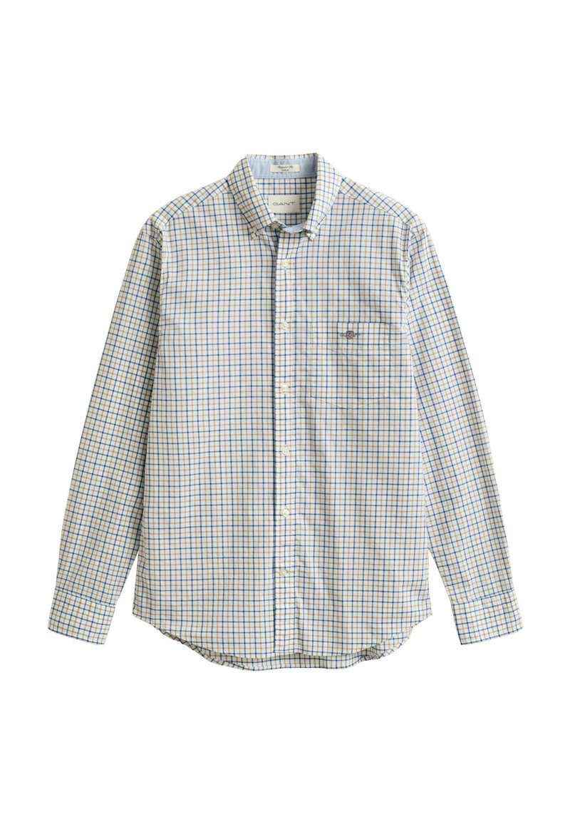 Chemise à manches longues à boutons avec motif à carreaux bleu et marron, poche poitrine unique et col pointu.