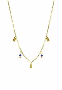 Goudkleurige ketting met een kettingontwerp en kleine hangende elementen, waaronder twee blauwe kralen en geometrische accenten.