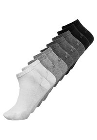 Baumwollcrew-Socken in Weiß, Hellgrau, Dunkelgrau und Schwarz. Mit einem gerippten Bund und dezentem Branding an der Seite.