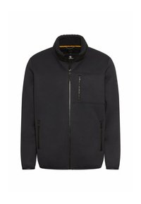 Schwarze, fleecegefütterte Jacke mit Reißverschluss vorne, zwei Seitentaschen und einer Brusttasche. Besitzt einen Stehkragen und einen strukturierten Stoff.