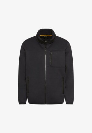 Schwarze, fleecegefütterte Jacke mit Reißverschluss vorne, zwei Seitentaschen und einer Brusttasche. Besitzt einen Stehkragen und einen strukturierten Stoff.
