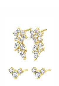 Goldfarbene Ohrringe mit floralen Design, die mehrere klare, runde und marquiseförmige simulierte Diamanten in einer detaillierten Anordnung zeigen.