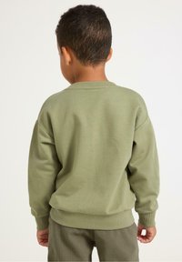 Felpa verde realizzata in morbido tessuto, con collo a girocollo e polsini a costine, e una vestibilità comoda. Vista dal retro, senza branding visibile.