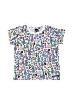 Weißes Kurzarmhemd mit farbenfrohem Blumenmuster mit Gänseblümchen, Glockenblumen und anderen kleinen Blumen in Lila, Pink, Rot und Gelb.