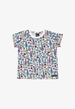 Witte korte mouw blouse met een kleurrijk bloemmotief met madeliefjes, klokjes en andere kleine bloemen in paars, roze, rood en geel.