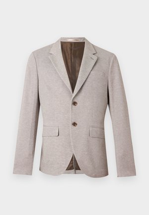 Moški blazer svetlo bež barve z izrezanim ovratnikom, dvema rjavima gumboma, tremi sprednjimi žepi in gladkim notranjim podlogo.