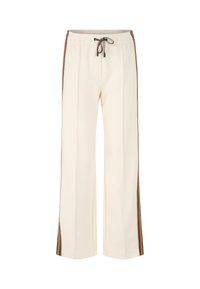 Cream colored wide-leg pants with a drawstring waist, featuring brown side stripes and a smooth fabric texture.