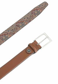 Brown leather belt with a paisley-patterned fabric strap. Features a silver rectangular buckle and a logo tag on the leather section.