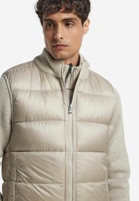 Mann in einer hellbeigen, gesteppte Weste über einem beige gestrickten Pullover mit hohem Kragen, der leicht zur Seite blickt, vor einem einfachen Hintergrund.
