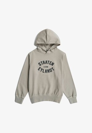 Sweat à capuche gris clair à manches longues avec texte noir "STAATEN EYLANDT" et plus petit "G-STAR" au centre devant.