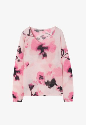 Floral pullover sweater with a pink background, featuring large black and dark pink abstract flower patterns, V-neck, and long sleeves.