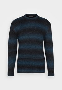 Maglione a righe blu scuro e nero con texture a coste, collo a giro e maniche lunghe. Realizzato in morbido tessuto a maglia.