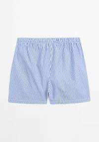 Costumini da bagno a righe realizzati in un tessuto leggero, con una vita elastica, caratterizzati da righe verticali blu e bianche alternate.