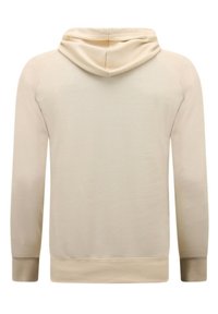 Beige hoodie met een gladde textuur, lange mouwen, geribbelde manchetten en zoom, en een eenvoudig, onopgesmukt ontwerp.