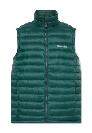 Grøn puffer vest med høj krave, lynlås foran og vandret quiltet design. Har Timberland-logoet på venstre bryst, fremstillet af letvægtsmateriale.
