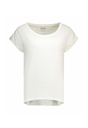 T-shirt blanc pour femme à manches courtes, col rond et ourlet arrière légèrement plus long.