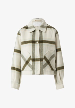Giacca corta in misto cotone con motivo a quadri crema e oliva, bottoni automatici, due tasche frontali e colletto standard.